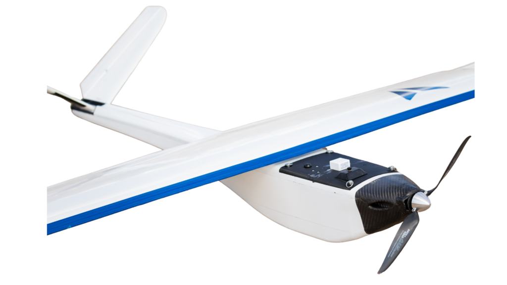 airplane drone with the nose made out of carbon fiber composites.